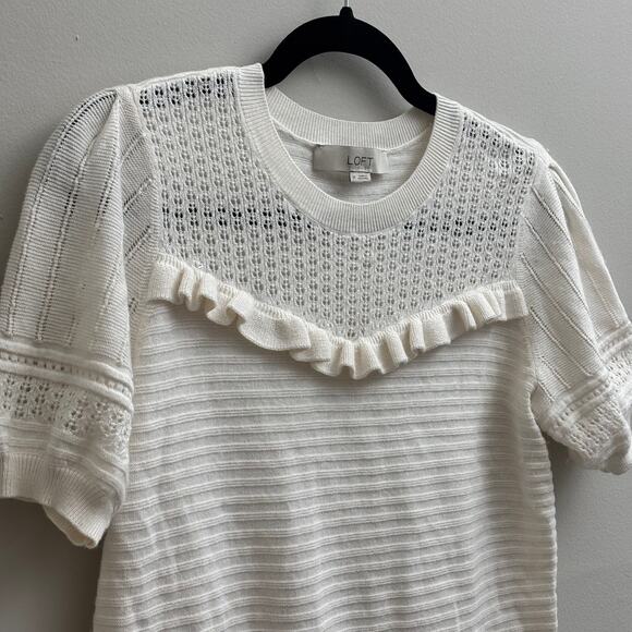 Loft Cream/White Ruffle Puff Sleeve Sweater Open Knit Tee Women's Size Medium - Picture 3 of 8